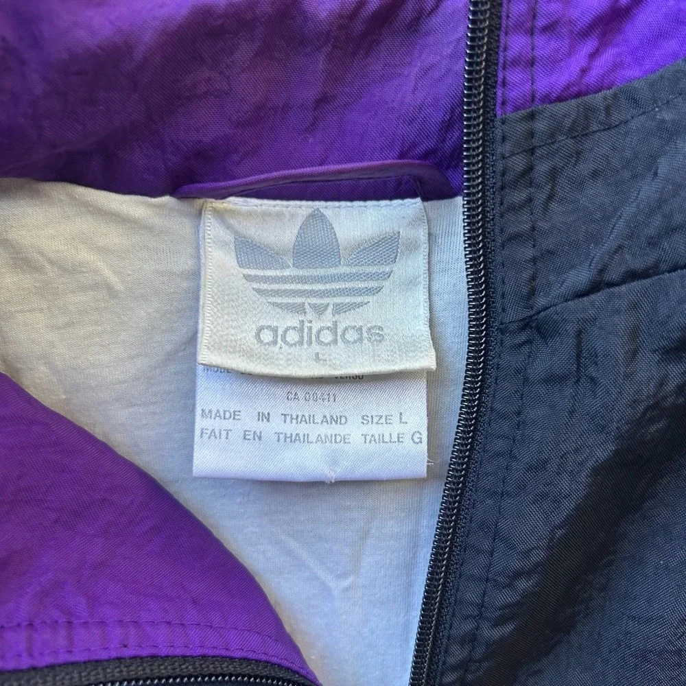 Vintage Adidas Windbreaker Jacket Large Black Purple Teal Trefoil Logo 90s Zip